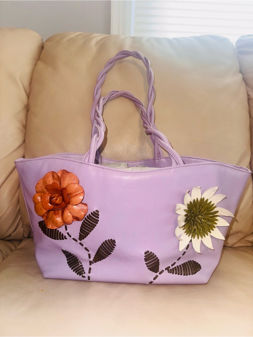 Paolo Masi Made in Italy Lavender Leather Floral Tote Bag NWOT